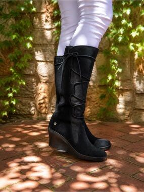 UGG Elsey Black Nubuck Suede Tall Lace Up Wedge Heel Boots, 7